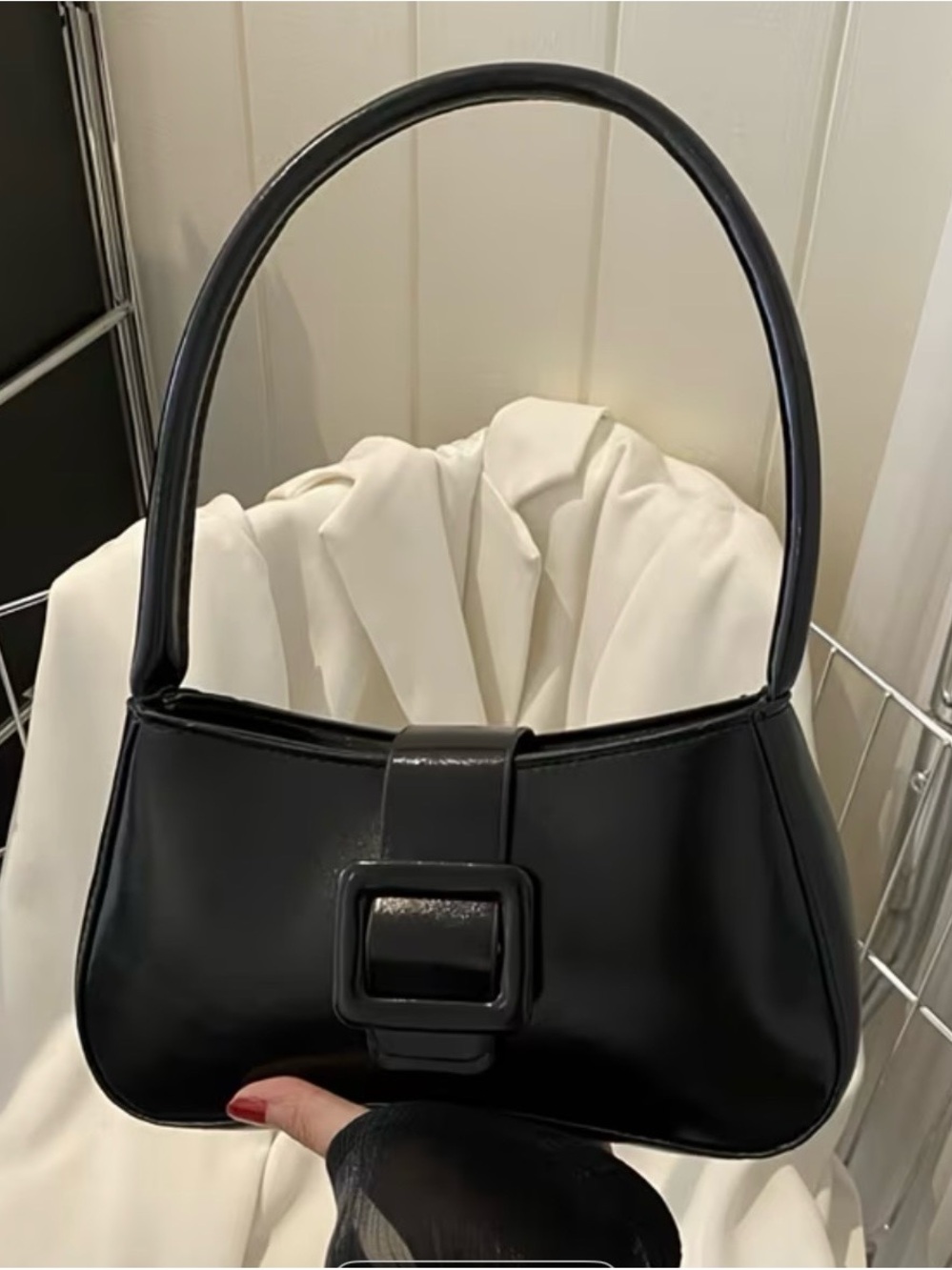 Black Shoulder Bag with Buckle Accent